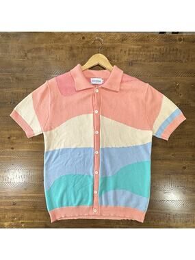 Pastel Knit Polo Shirt XL Colorblock Wave Retro Y2K Soft Grunge Beach Core